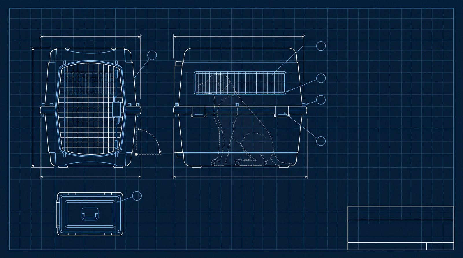 Blueprint drawing of a pet travel crate: front and side elevations with dimension lines