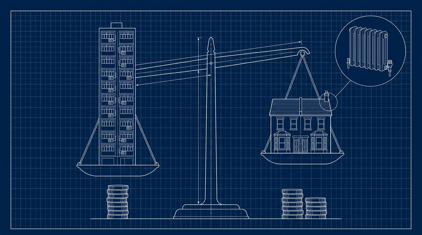 A blueprint drawing of a balance scale, a Hong Kong apartment tower on one pan and an English terrace house on the other, with a radiator picked out in a magnifying circle and stacks of coins beneath