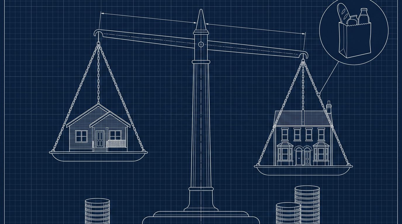 A blueprint drawing of a balance scale, an American house on one pan and an English terrace with a bag of groceries on the other, with stacks of coins beneath