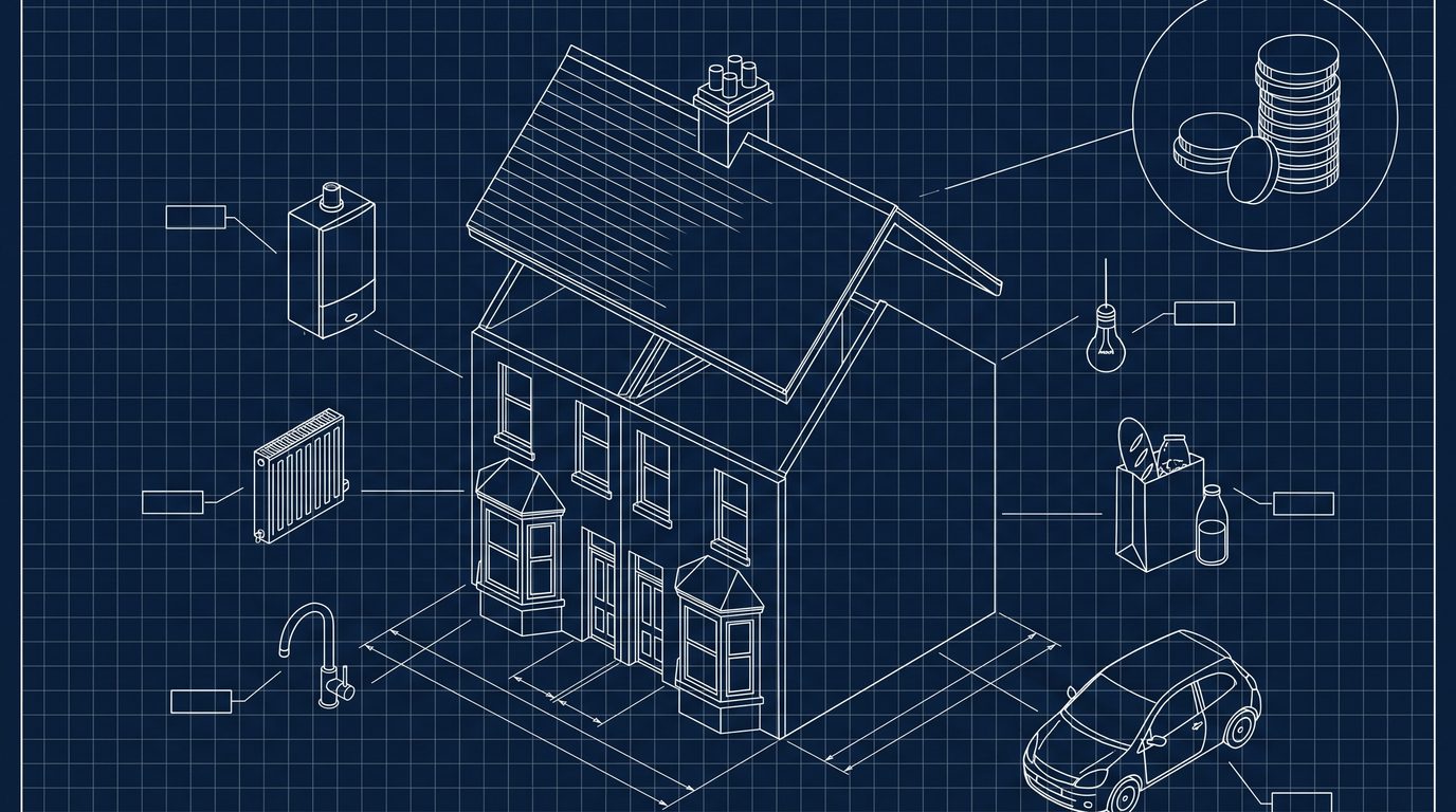 A blueprint drawing of a semi-detached house, with a boiler, a radiator, a tap, a light bulb, a bag of groceries, a car and a stack of coins drawn around it