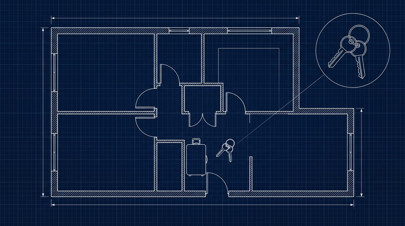 A floor plan of an empty flat, with a suitcase and a set of keys just inside the front door