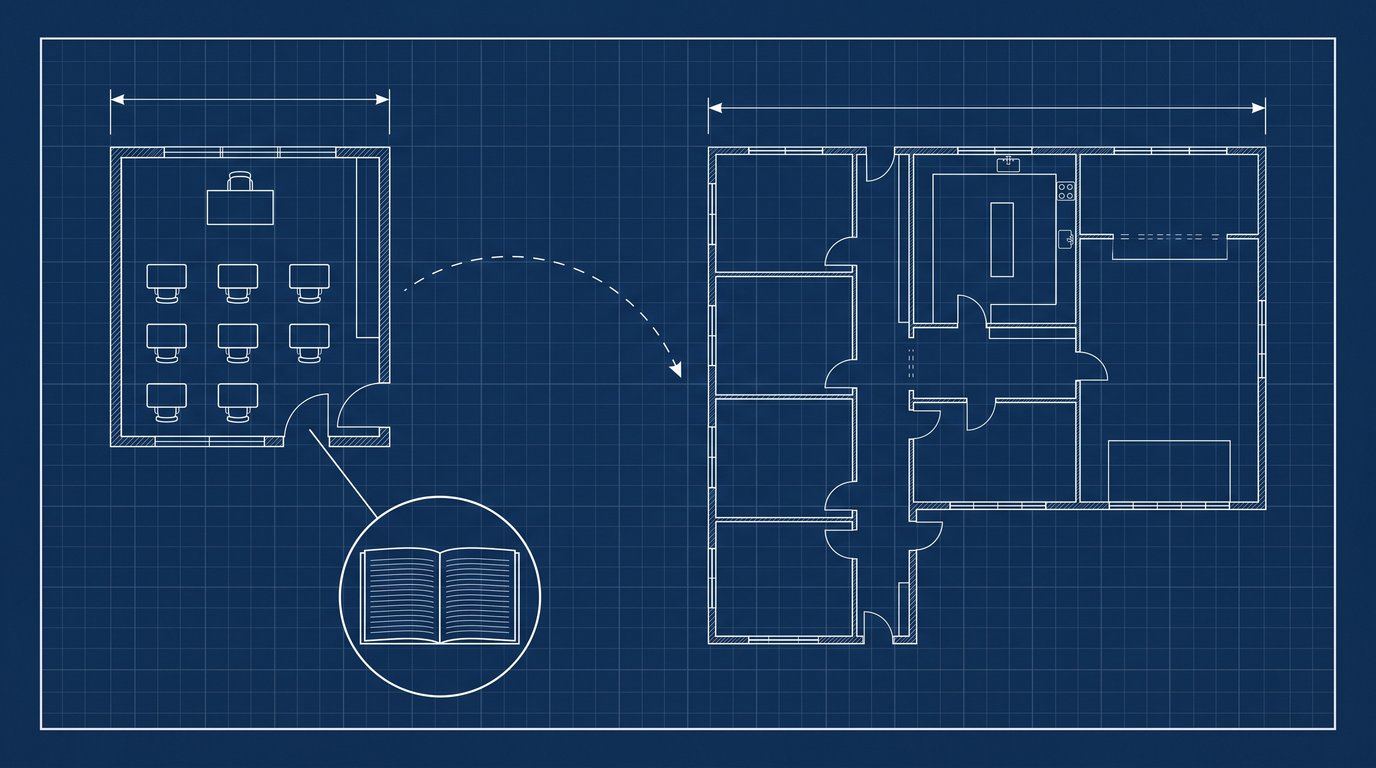 Blueprint drawing of a classroom in plan view with rows of desks, a dashed arrow leading to the floor plan of a home, and a detail circle enlarging an open book