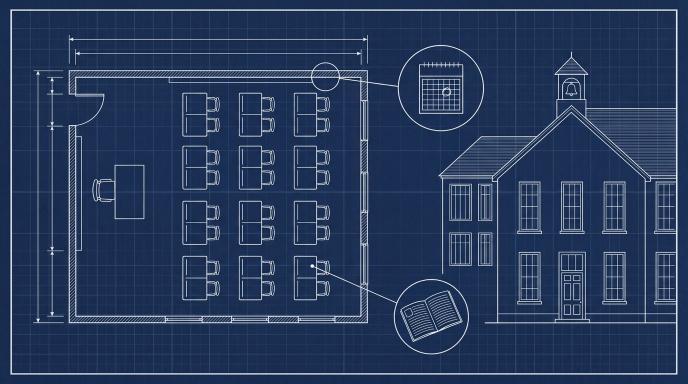 Blueprint drawing of a classroom in plan view with rows of desks and dimension lines, beside an elevation of a school building with a bell tower, with detail circles enlarging a calendar and an open textbook