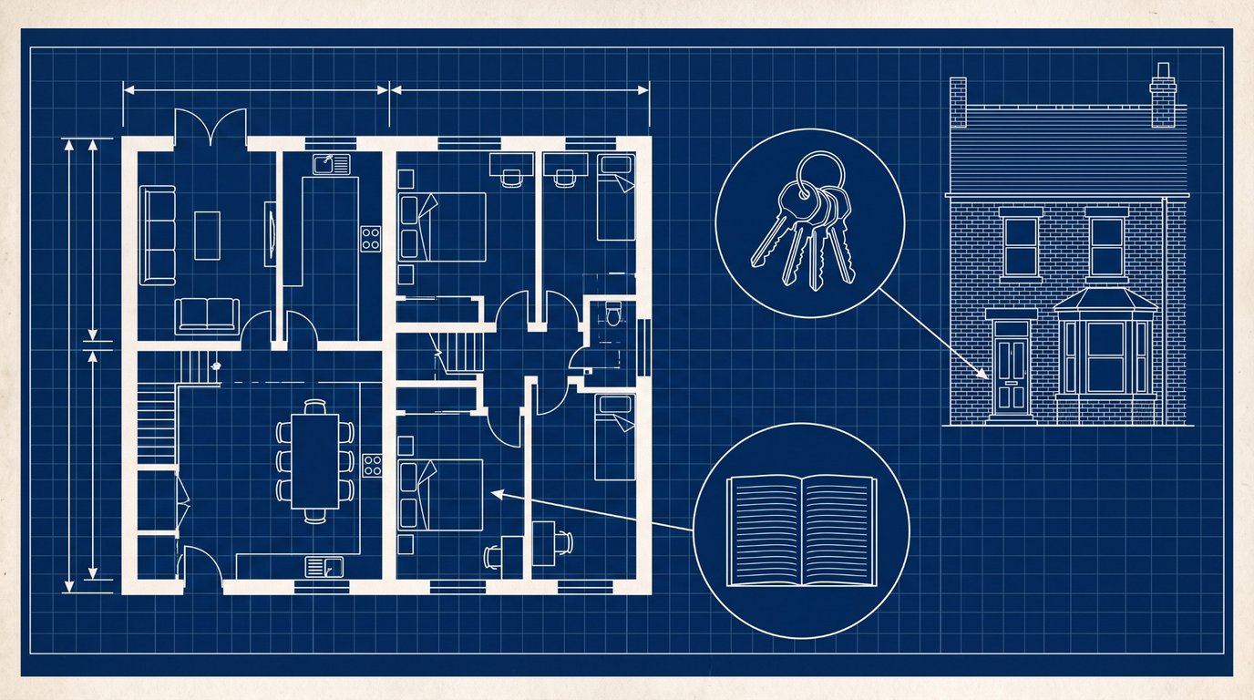 Blueprint drawing of a house in plan view with bedrooms, kitchen and dimension lines, beside an elevation of a brick terraced house with a bay window, with detail circles enlarging a set of keys and an open book