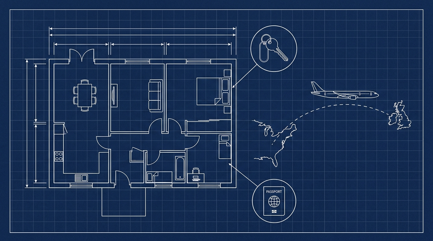 Blueprint drawing of a UK terraced house in plan view with dimension lines, and an elevation of an aircraft between two coastlines, with detail circles enlarging a key and a passport