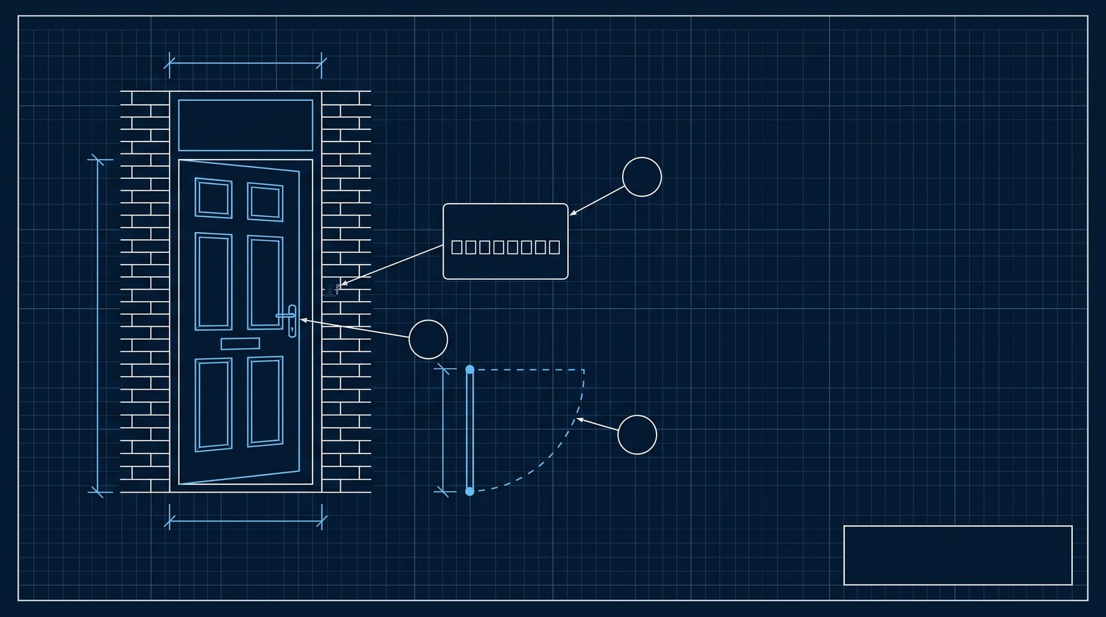 Blueprint drawing of a front door in elevation with a door-swing symbol and an empty code card