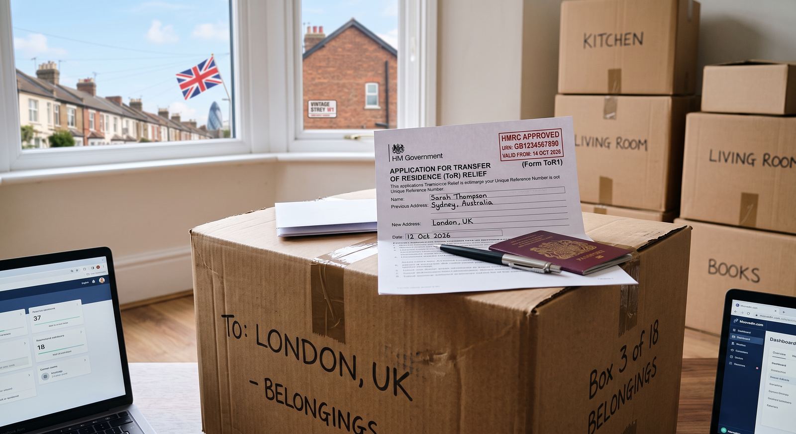 Family packing boxes for an international move to the UK