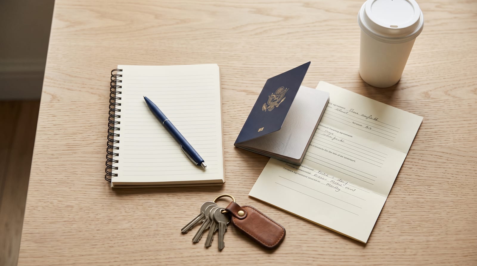 A US passport, house keys, a notepad and a tenancy agreement on a desk
