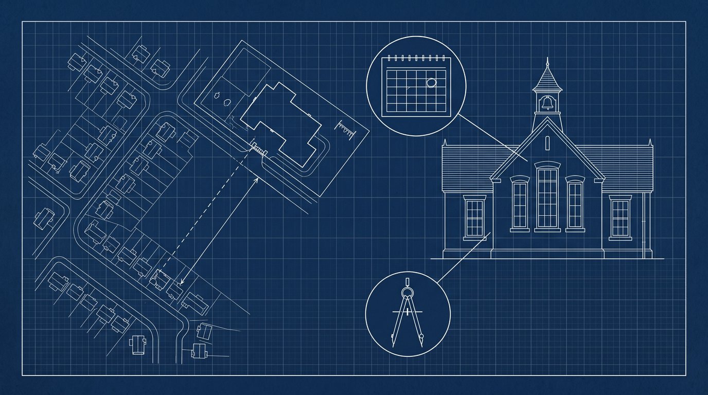 Blueprint drawing of a street plan of houses with a dashed line measured from a home to a school site, beside an elevation of a school building with a bell tower, with detail circles enlarging a calendar and a pair of compasses