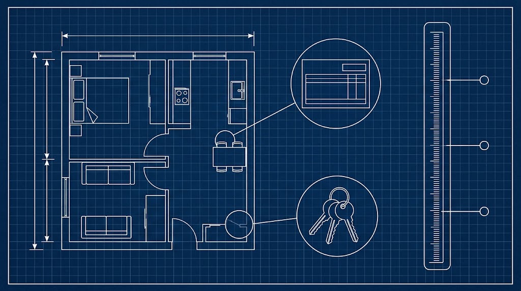 Blueprint drawing of a one-bedroom flat in plan view with dimension lines, beside detail circles enlarging a tenancy form and a set of keys, and a vertical measuring scale