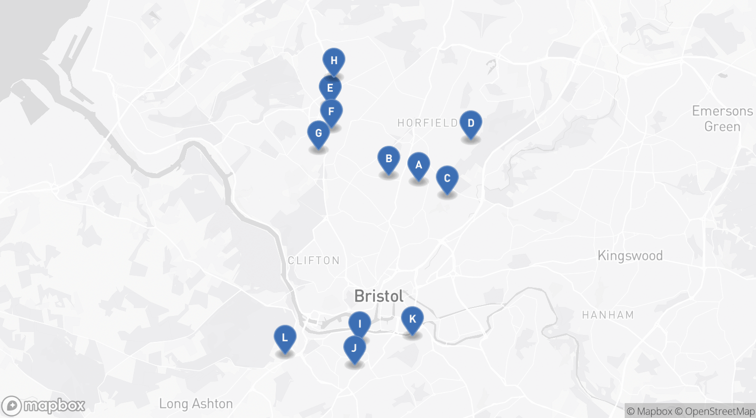 Map of the example schools listed below, each pin lettered as its school in the list