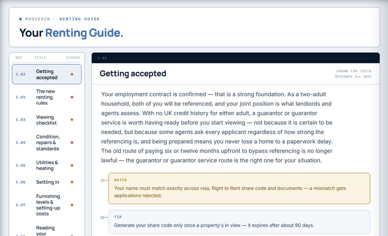 Real Renting Guide sheet, topic C.02 Getting accepted, with WATCH and TIP call-outs written for a two-adult household with no UK credit history