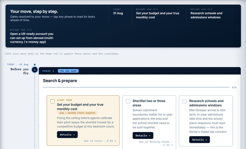 Real Move Plan sheet: Phase 1, Search & prepare, with six dated tasks each showing a reason