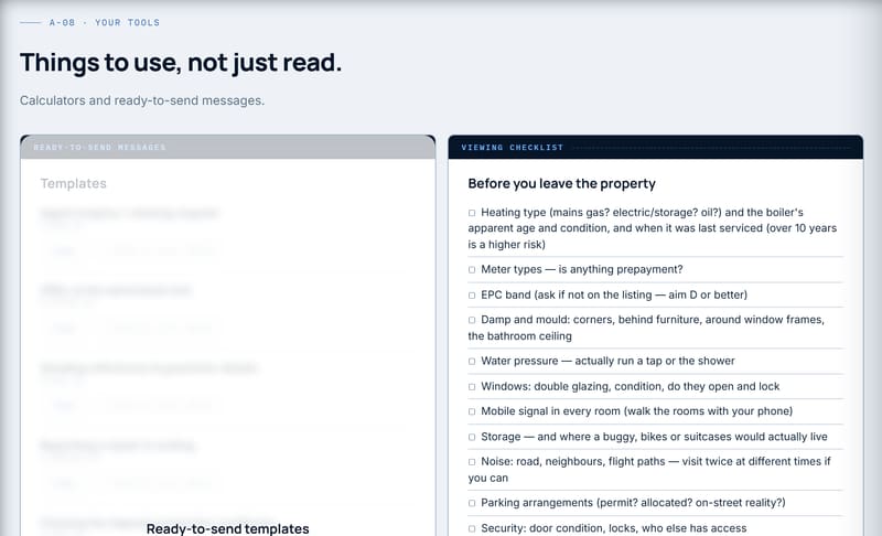 Real Tools sheet: a viewing checklist in full, next to a locked set of ready-to-send message templates that unlock with a purchased Blueprint