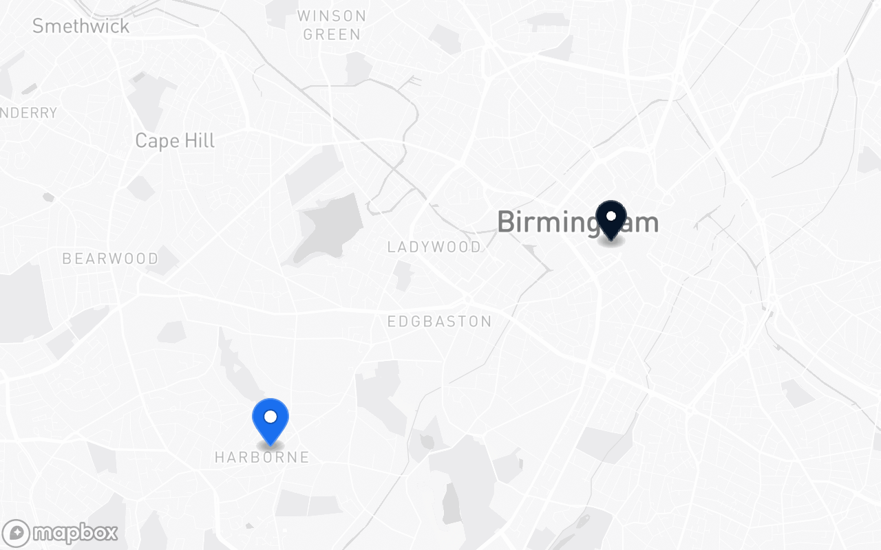 Map showing Harborne and Birmingham New Street