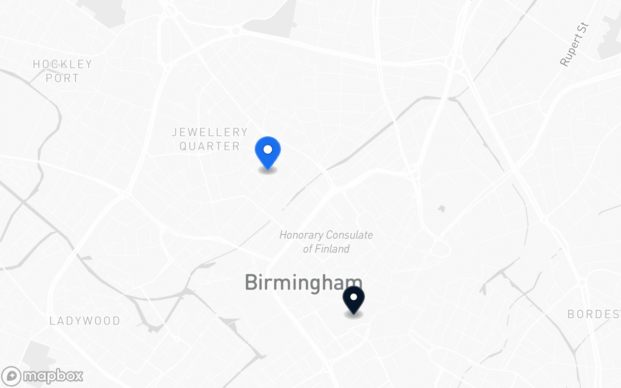 Map showing Jewellery Quarter and Birmingham New Street
