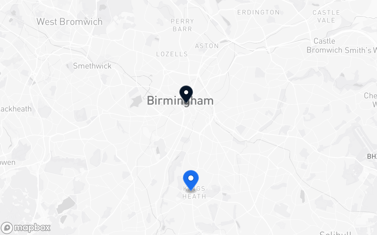 Map showing Kings Heath and Birmingham New Street