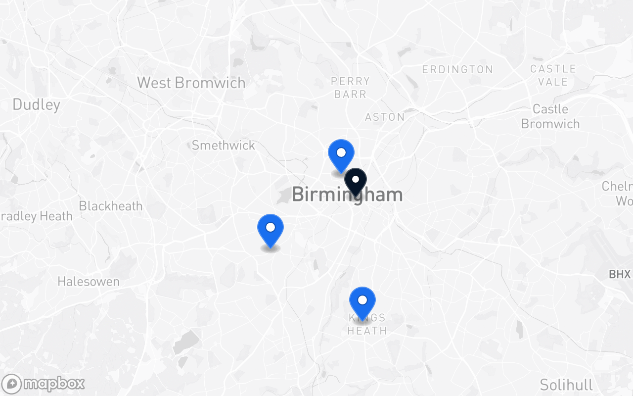 Map showing Jewellery Quarter, Harborne, Kings Heath and Birmingham New Street