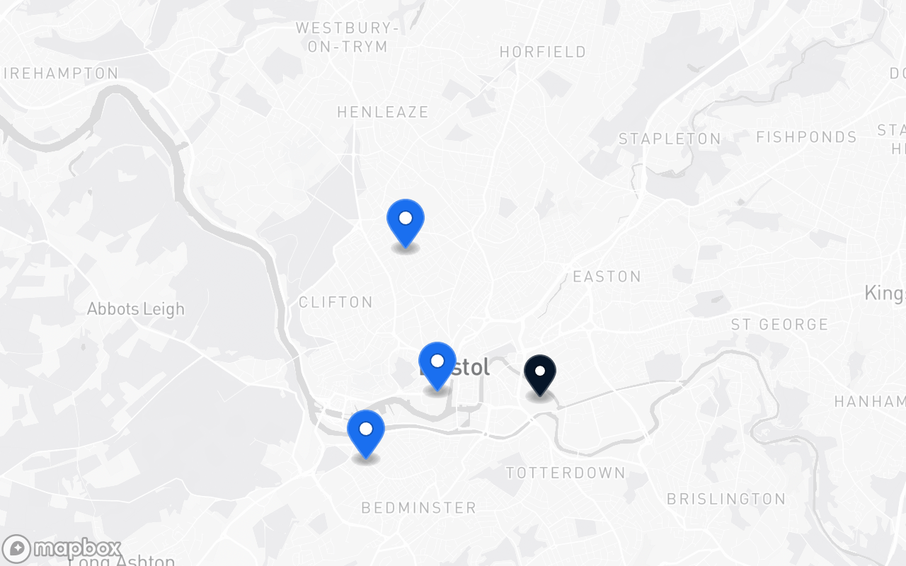 Map showing Harbourside, Redland, Southville and Bristol Temple Meads