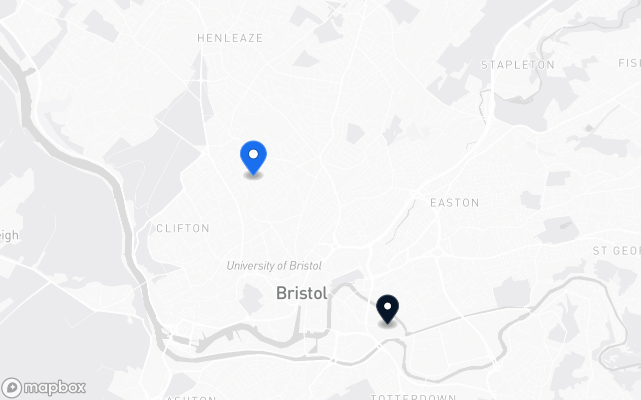 Map showing Redland and Bristol Temple Meads