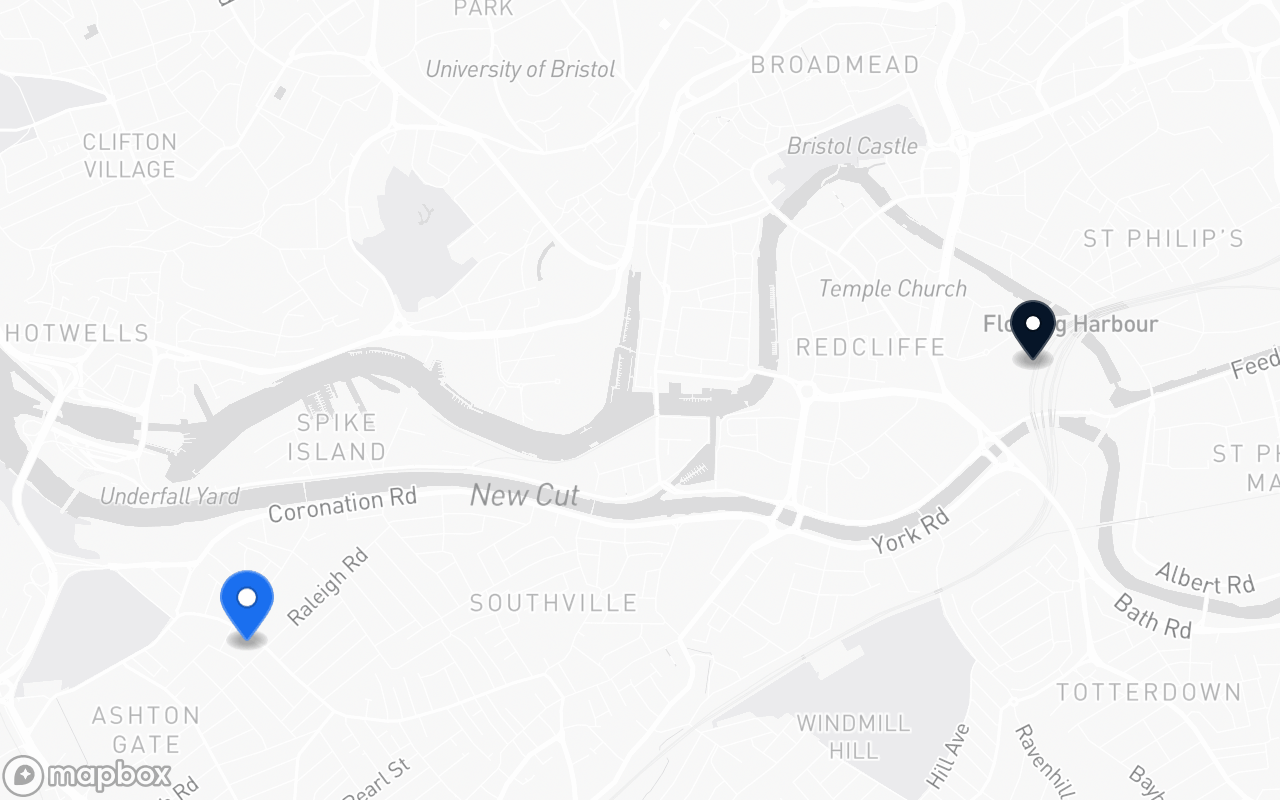 Map showing Southville and Bristol Temple Meads