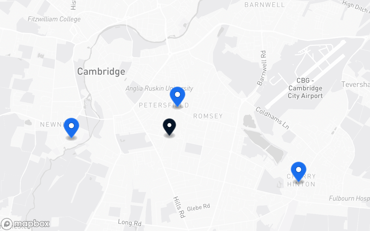 Map showing Mill Road, Newnham, Cherry Hinton and Cambridge station