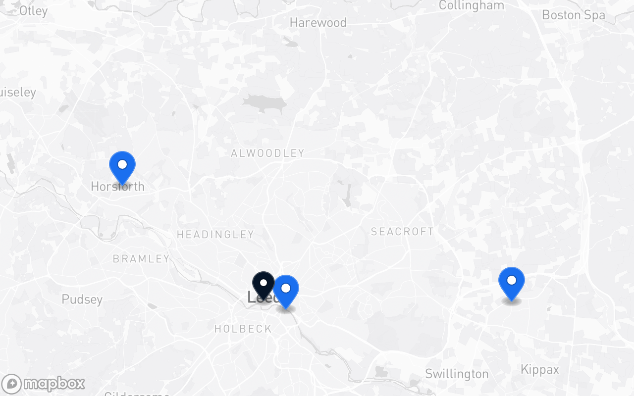 Map showing Leeds Dock, Horsforth, Garforth and Leeds station
