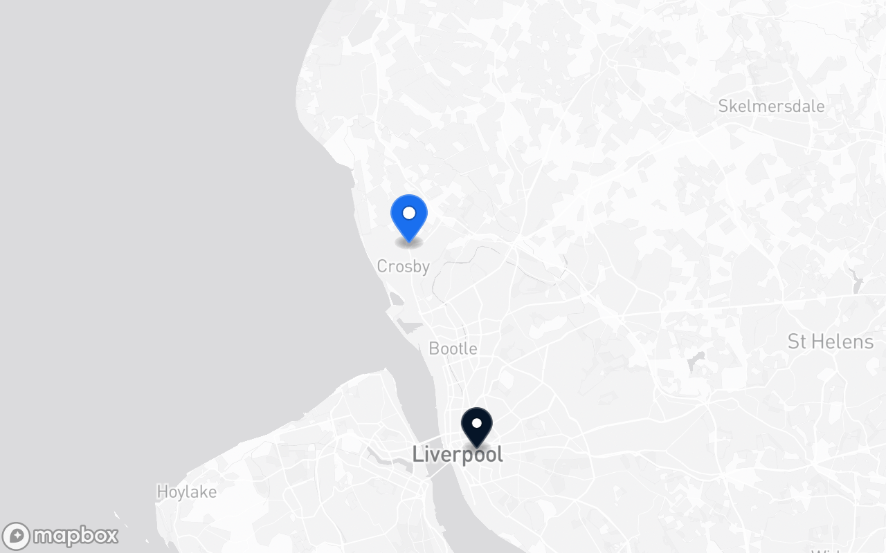 Map showing Crosby and Liverpool Lime Street