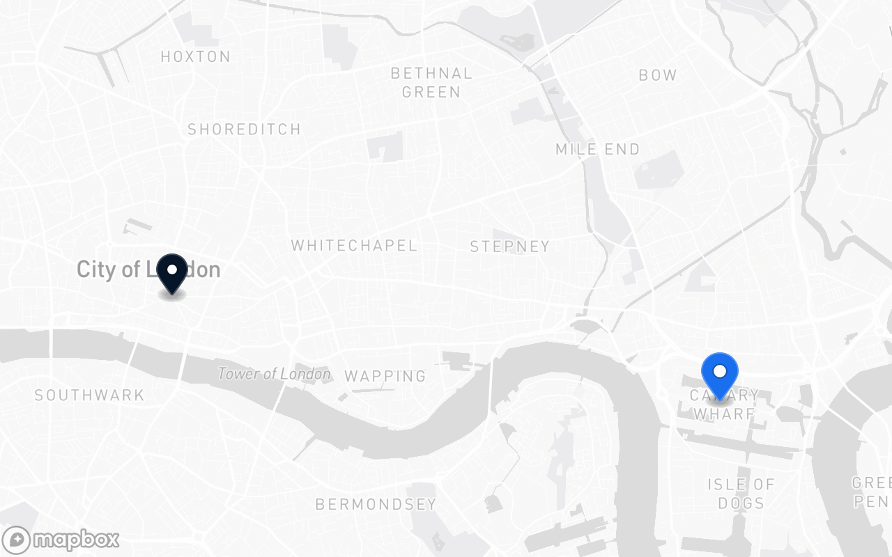 Map showing Canary Wharf and Bank