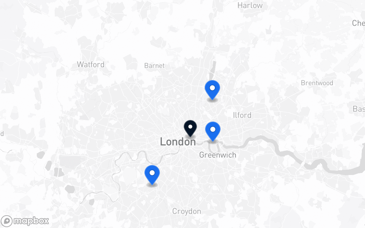 Map showing Canary Wharf, Wimbledon, Walthamstow and Bank