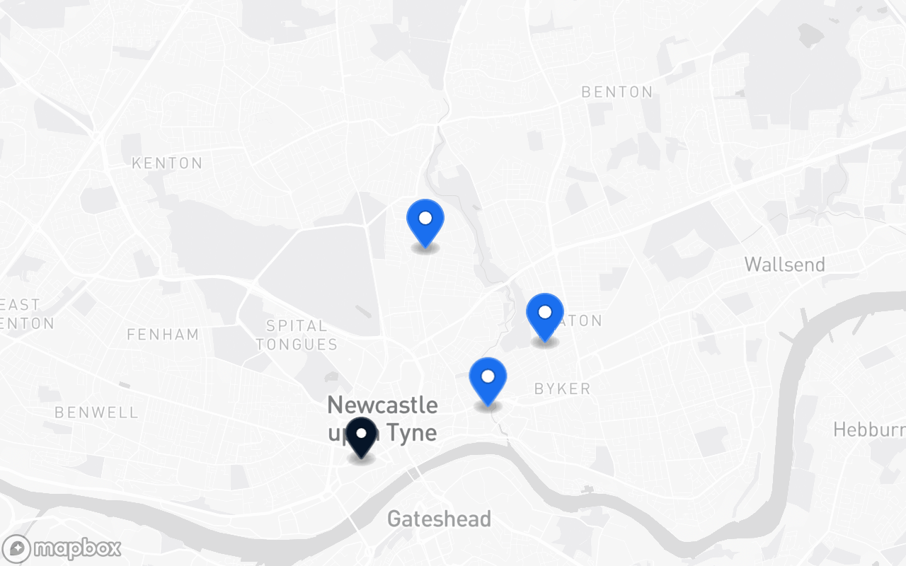 Map showing Ouseburn, Jesmond, Heaton and Newcastle Central