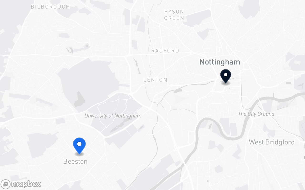 Map showing Beeston and Nottingham station