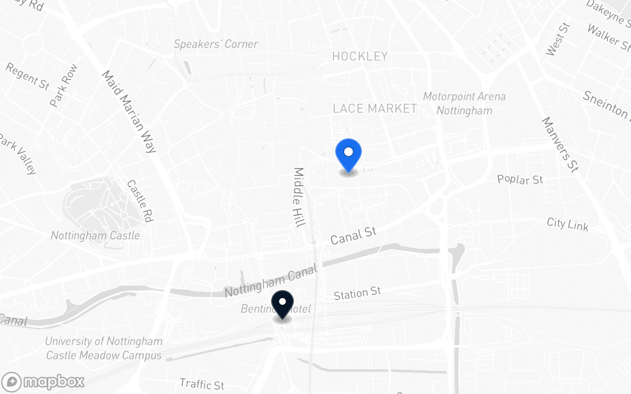 Map showing Lace Market and Nottingham station
