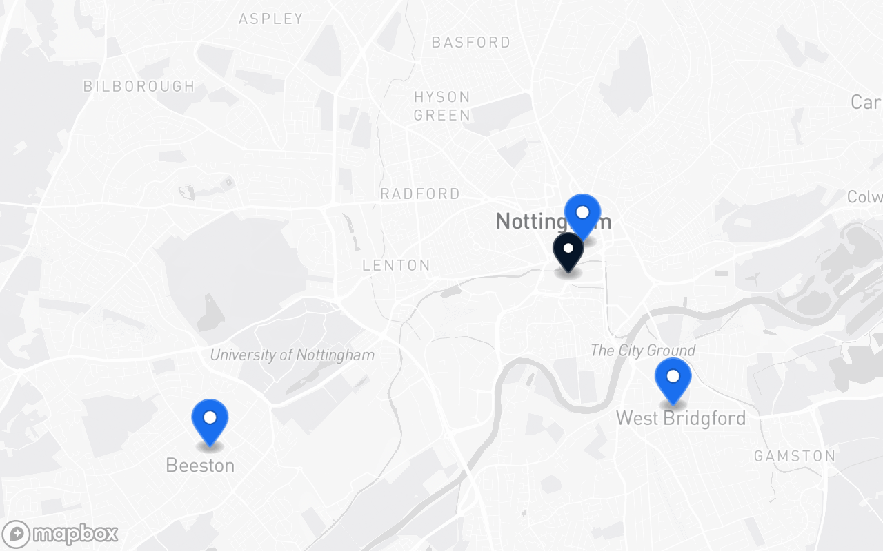 Map showing Lace Market, West Bridgford, Beeston and Nottingham station