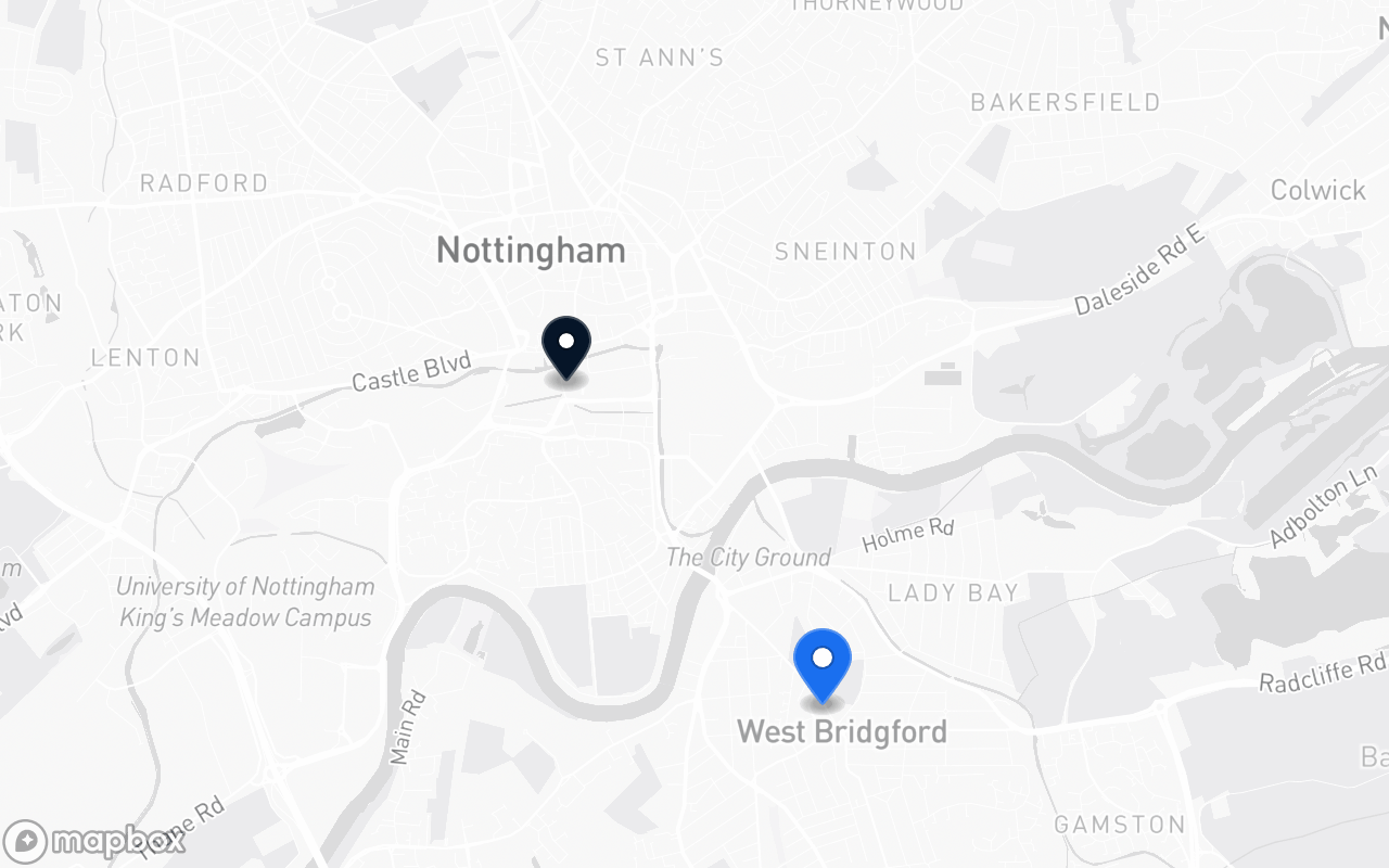Map showing West Bridgford and Nottingham station