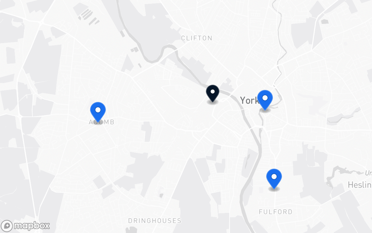 Map showing City centre, Fulford, Acomb and York station